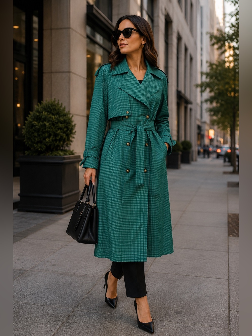 LONDON FOG Vintage Green & Black Houndstooth Double-Breasted Trench Coat 12